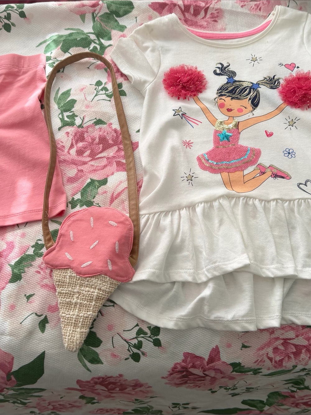 Girls Pink Ice Cream Purse & White Cheer top and shorts set